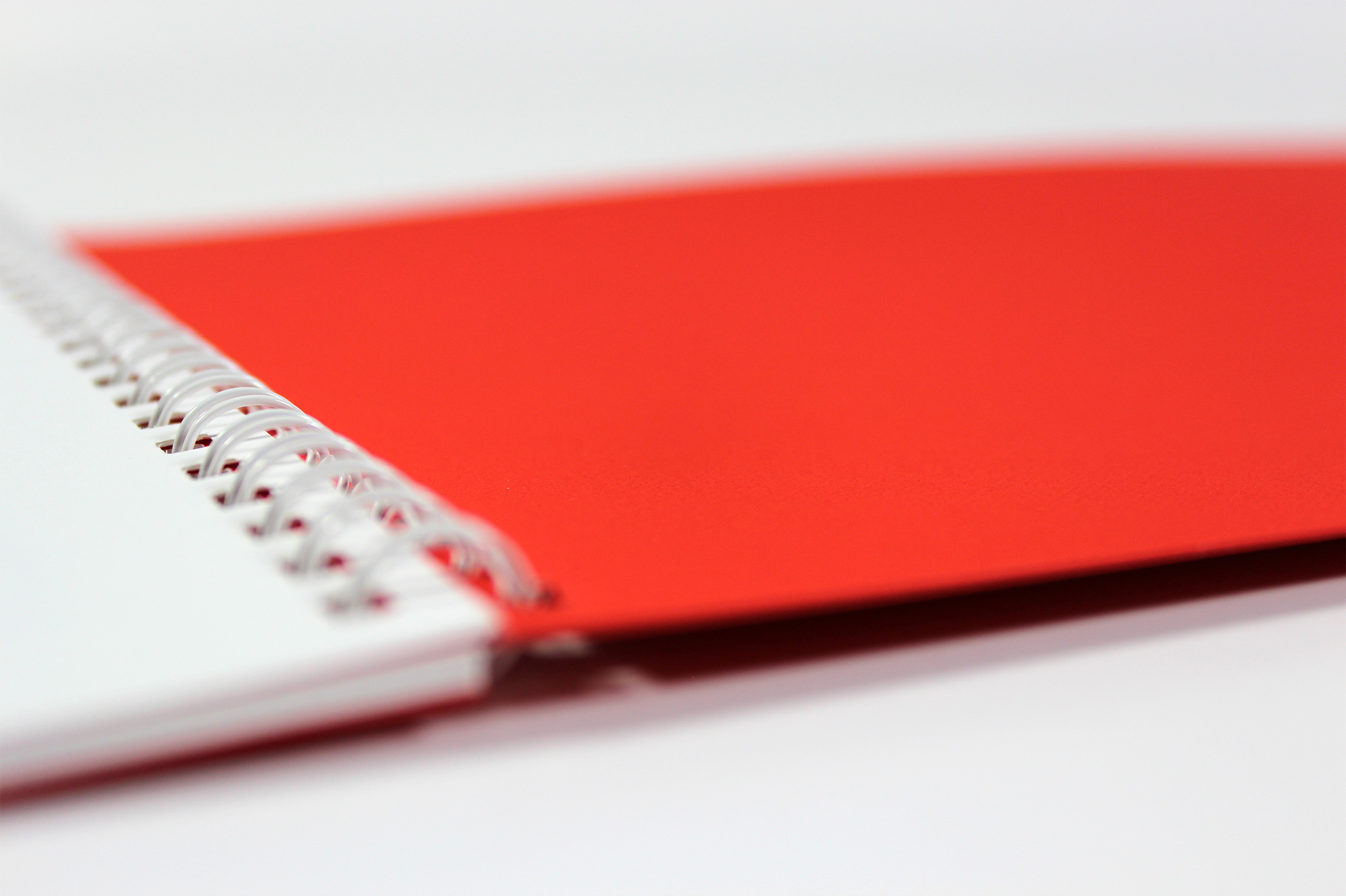 Printed Wiro-bound corporate promotional brochure for RAD - close-up showing the binding and red card back cover