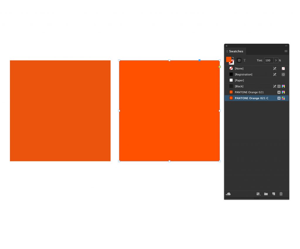 Screenshot showing the difference between an LAB Pantone Orange 021 and a CMYK Pantone 021 spot colour
