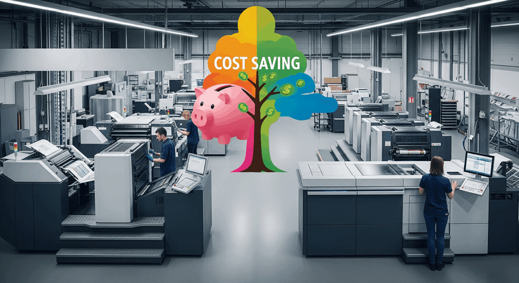 Digital and litho presses in a printing factory with a money saving graphic in the middle