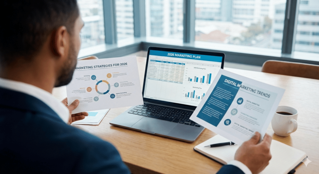 corporate businessman loooking at 2026 trends on printouts and laptop