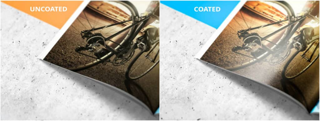 Side-by-side comparison of coated and uncoated paper used in marketing brochures